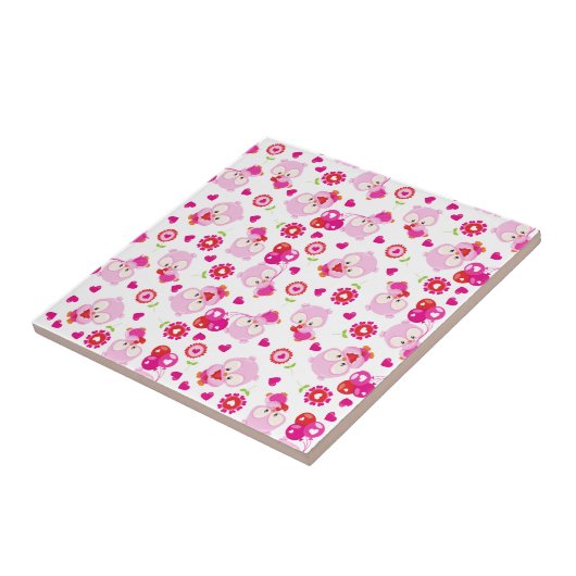 フクロウの柄、かわいいフクロウ、ピンクのフクロウ、ハート タイル (側面)