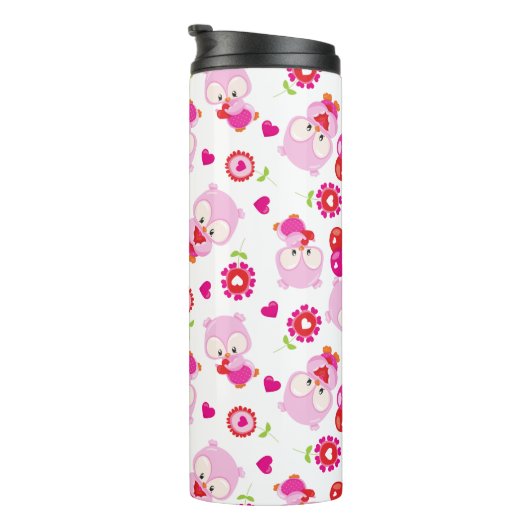 フクロウの柄、かわいいフクロウ、ピンクのフクロウ、ハート タンブラー (回転右)