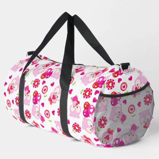 フクロウの柄、かわいいフクロウ、ピンクのフクロウ、ハート ダッフルバッグ (右コーナー)