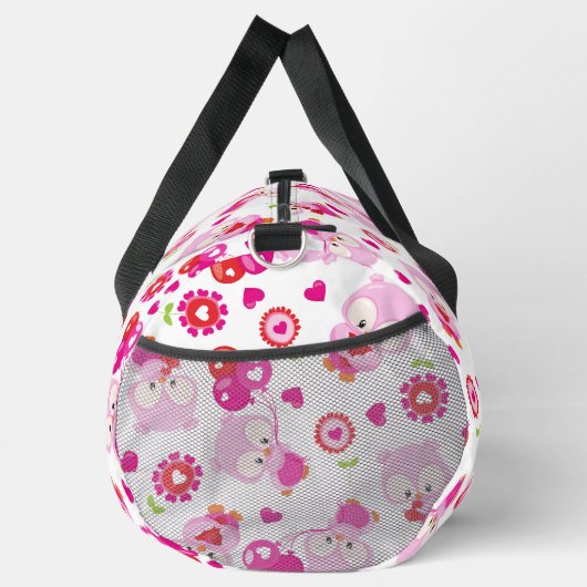 フクロウの柄、かわいいフクロウ、ピンクのフクロウ、ハート ダッフルバッグ (右)