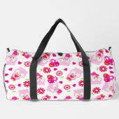 フクロウの柄、かわいいフクロウ、ピンクのフクロウ、ハート ダッフルバッグ (裏面)