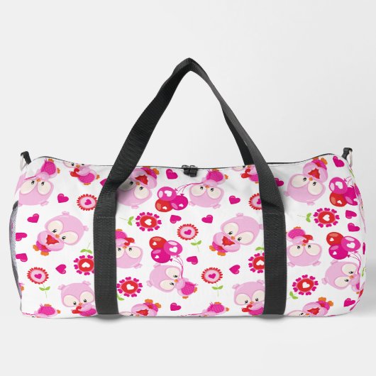 フクロウの柄、かわいいフクロウ、ピンクのフクロウ、ハート ダッフルバッグ (裏面)