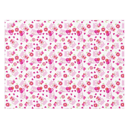 フクロウの柄、かわいいフクロウ、ピンクのフクロウ、ハート テーブルクロス (正面(横))