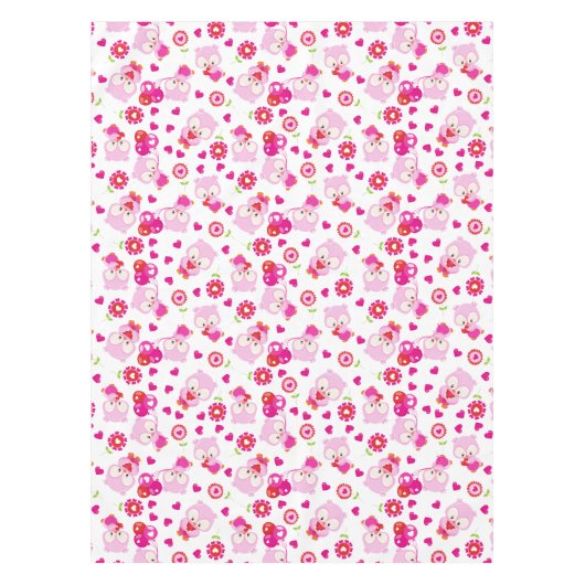 フクロウの柄、かわいいフクロウ、ピンクのフクロウ、ハート テーブルクロス (正面)