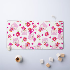 フクロウの柄、かわいいフクロウ、ピンクのフクロウ、ハート デスクマット