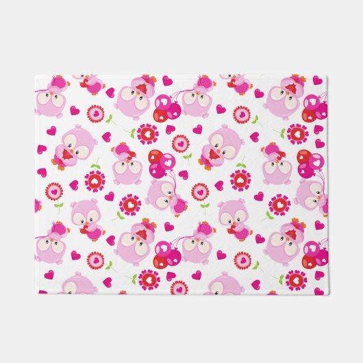 フクロウの柄、かわいいフクロウ、ピンクのフクロウ、ハート ドアマット (正面)