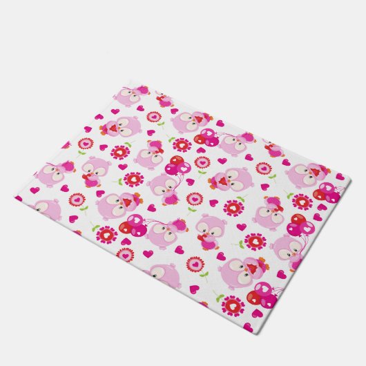 フクロウの柄、かわいいフクロウ、ピンクのフクロウ、ハート ドアマット