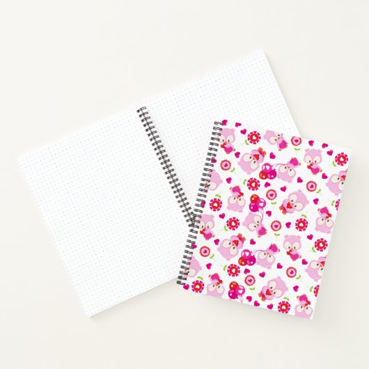 フクロウの柄、かわいいフクロウ、ピンクのフクロウ、ハート ノートブック (内部)