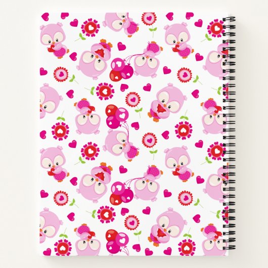 フクロウの柄、かわいいフクロウ、ピンクのフクロウ、ハート ノートブック (裏面)