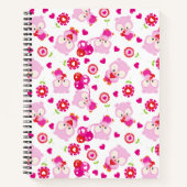 フクロウの柄、かわいいフクロウ、ピンクのフクロウ、ハート ノートブック (正面)