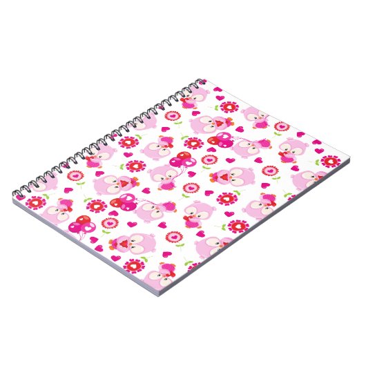 フクロウの柄、かわいいフクロウ、ピンクのフクロウ、ハート ノートブック (左側)