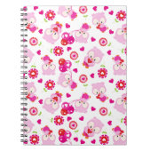 フクロウの柄、かわいいフクロウ、ピンクのフクロウ、ハート ノートブック (正面)