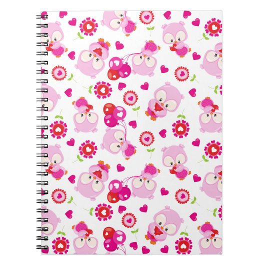 フクロウの柄、かわいいフクロウ、ピンクのフクロウ、ハート ノートブック (正面)