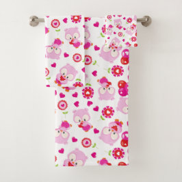 フクロウの柄、かわいいフクロウ、ピンクのフクロウ、ハート バスタオルセット