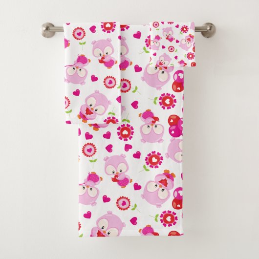 フクロウの柄、かわいいフクロウ、ピンクのフクロウ、ハート バスタオルセット (インサイチュ)