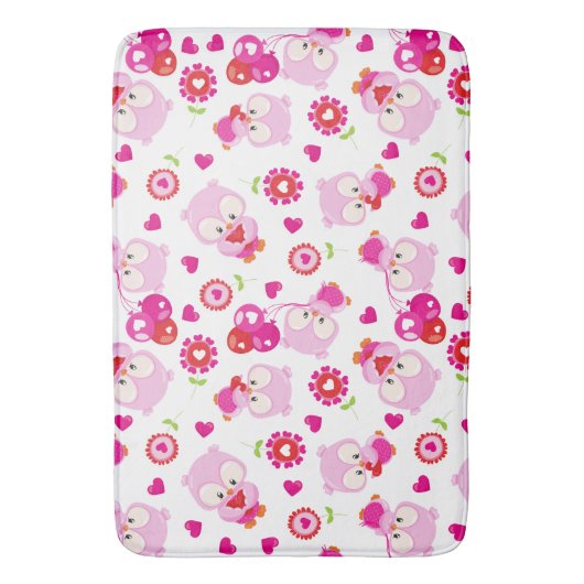 フクロウの柄、かわいいフクロウ、ピンクのフクロウ、ハート バスマット (正面縦)