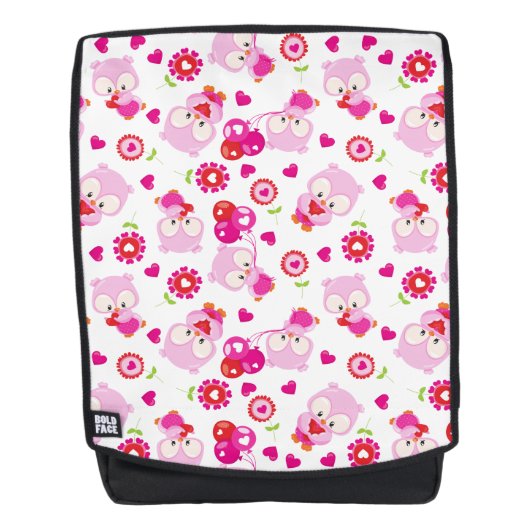 フクロウの柄、かわいいフクロウ、ピンクのフクロウ、ハート バックパック (正面)