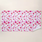 フクロウの柄、かわいいフクロウ、ピンクのフクロウ、ハート ビーチタオル (正面)