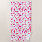 フクロウの柄、かわいいフクロウ、ピンクのフクロウ、ハート ビーチタオル (正面)