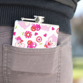 フクロウの柄、かわいいフクロウ、ピンクのフクロウ、ハート フラスク