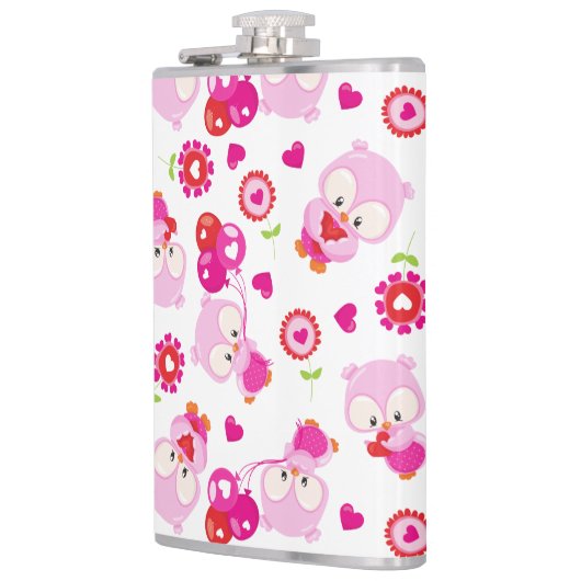 フクロウの柄、かわいいフクロウ、ピンクのフクロウ、ハート フラスク (左)