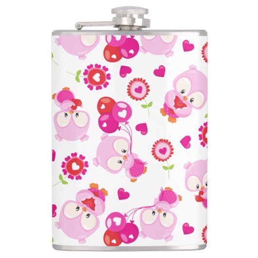 フクロウの柄、かわいいフクロウ、ピンクのフクロウ、ハート フラスク (正面)