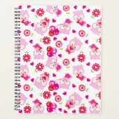 フクロウの柄、かわいいフクロウ、ピンクのフクロウ、ハート プランナー手帳 (正面)