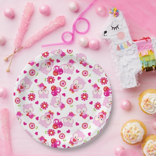 フクロウの柄、かわいいフクロウ、ピンクのフクロウ、ハート ペーパープレート (パーティー)