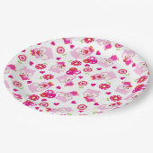 フクロウの柄、かわいいフクロウ、ピンクのフクロウ、ハート ペーパープレート (アングル)