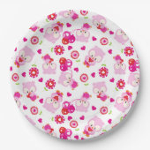 フクロウの柄、かわいいフクロウ、ピンクのフクロウ、ハート ペーパープレート (正面)