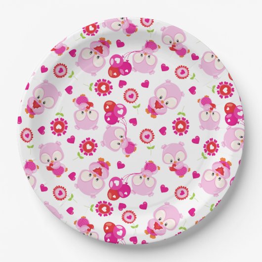 フクロウの柄、かわいいフクロウ、ピンクのフクロウ、ハート ペーパープレート (正面)