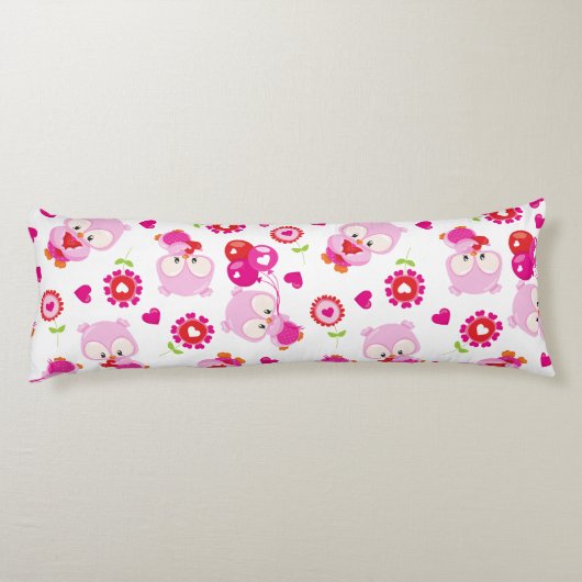 フクロウの柄、かわいいフクロウ、ピンクのフクロウ、ハート ボディピロー (裏面)