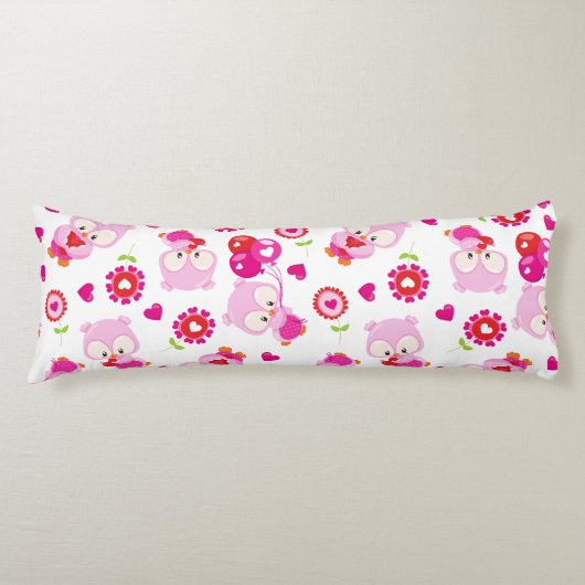 フクロウの柄、かわいいフクロウ、ピンクのフクロウ、ハート ボディピロー (正面)
