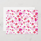 フクロウの柄、かわいいフクロウ、ピンクのフクロウ、ハート ポストカード (正面/裏面)