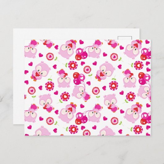 フクロウの柄、かわいいフクロウ、ピンクのフクロウ、ハート ポストカード (正面/裏面)