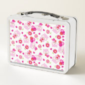 フクロウの柄、かわいいフクロウ、ピンクのフクロウ、ハート メタルランチボックス (裏面)