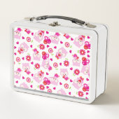 フクロウの柄、かわいいフクロウ、ピンクのフクロウ、ハート メタルランチボックス (正面)