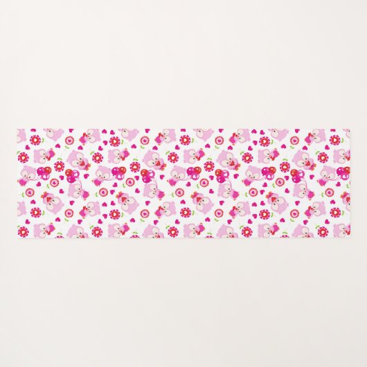 フクロウの柄、かわいいフクロウ、ピンクのフクロウ、ハート ヨガマット (裏面(横))