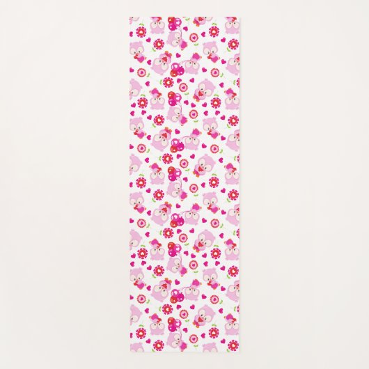 フクロウの柄、かわいいフクロウ、ピンクのフクロウ、ハート ヨガマット (正面)