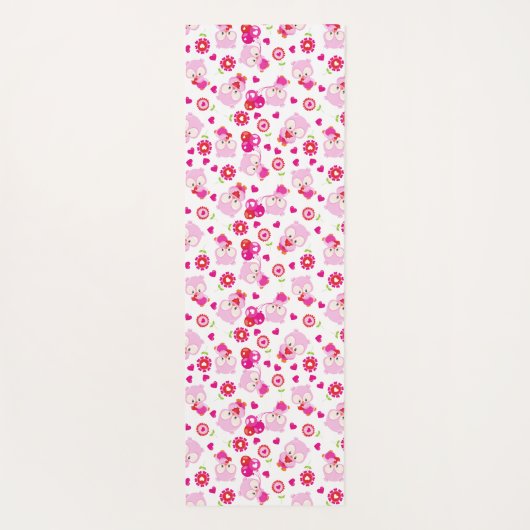 フクロウの柄、かわいいフクロウ、ピンクのフクロウ、ハート ヨガマット (裏面)