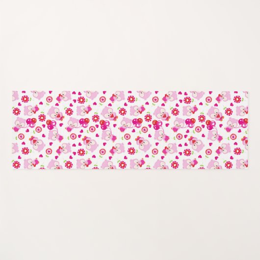 フクロウの柄、かわいいフクロウ、ピンクのフクロウ、ハート ヨガマット (正面(横))