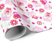フクロウの柄、かわいいフクロウ、ピンクのフクロウ、ハート ラッピングペーパー (ロールコーナー)