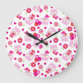 フクロウの柄、かわいいフクロウ、ピンクのフクロウ、ハート ラージ壁時計 (正面)