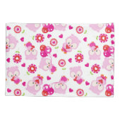 フクロウの柄、かわいいフクロウ、ピンクのフクロウ、ハート 枕カバー (裏面)