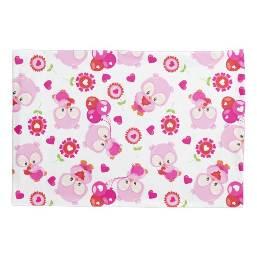 フクロウの柄、かわいいフクロウ、ピンクのフクロウ、ハート 枕カバー (裏面)