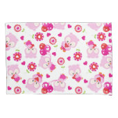 フクロウの柄、かわいいフクロウ、ピンクのフクロウ、ハート 枕カバー (正面)