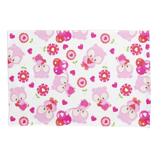 フクロウの柄、かわいいフクロウ、ピンクのフクロウ、ハート 枕カバー (正面)