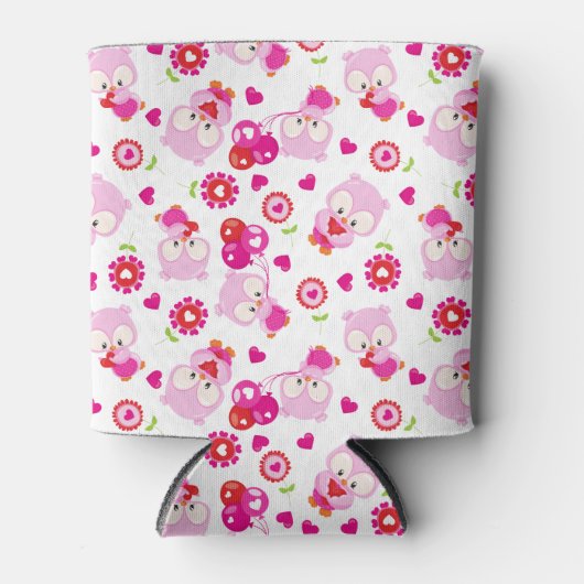 フクロウの柄、かわいいフクロウ、ピンクのフクロウ、ハート 缶クーラー (正面)