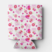 フクロウの柄、かわいいフクロウ、ピンクのフクロウ、ハート 缶クーラー (裏面)