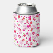 フクロウの柄、かわいいフクロウ、ピンクのフクロウ、ハート 缶クーラー (缶裏面)
